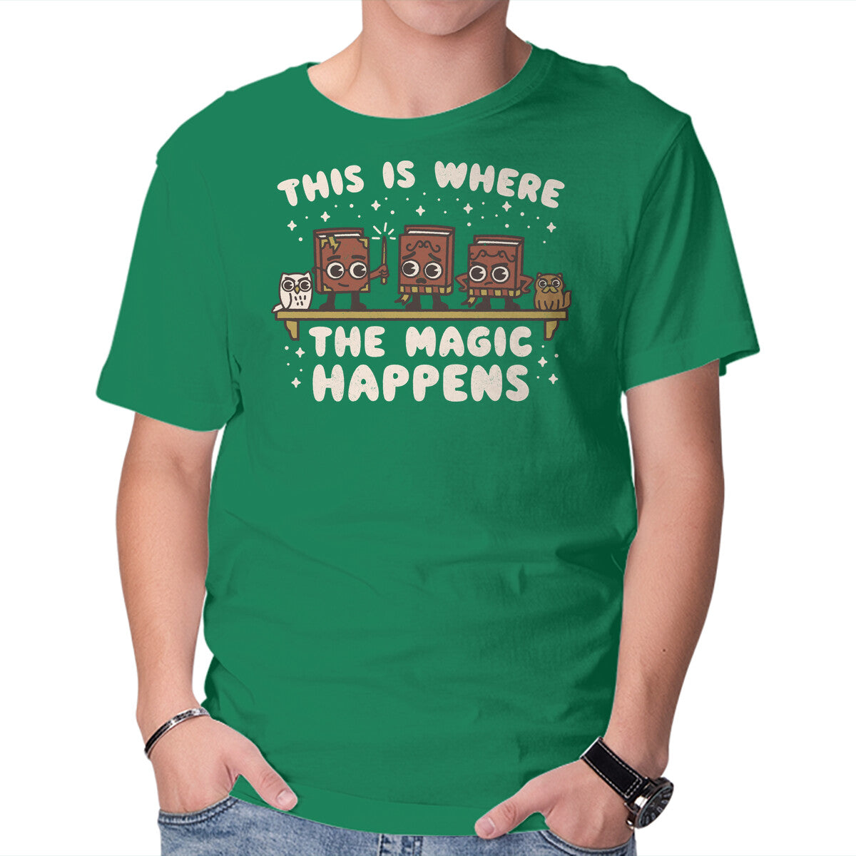 Where The Magic Happens – Cat Graphic T-Shirt in green, product display