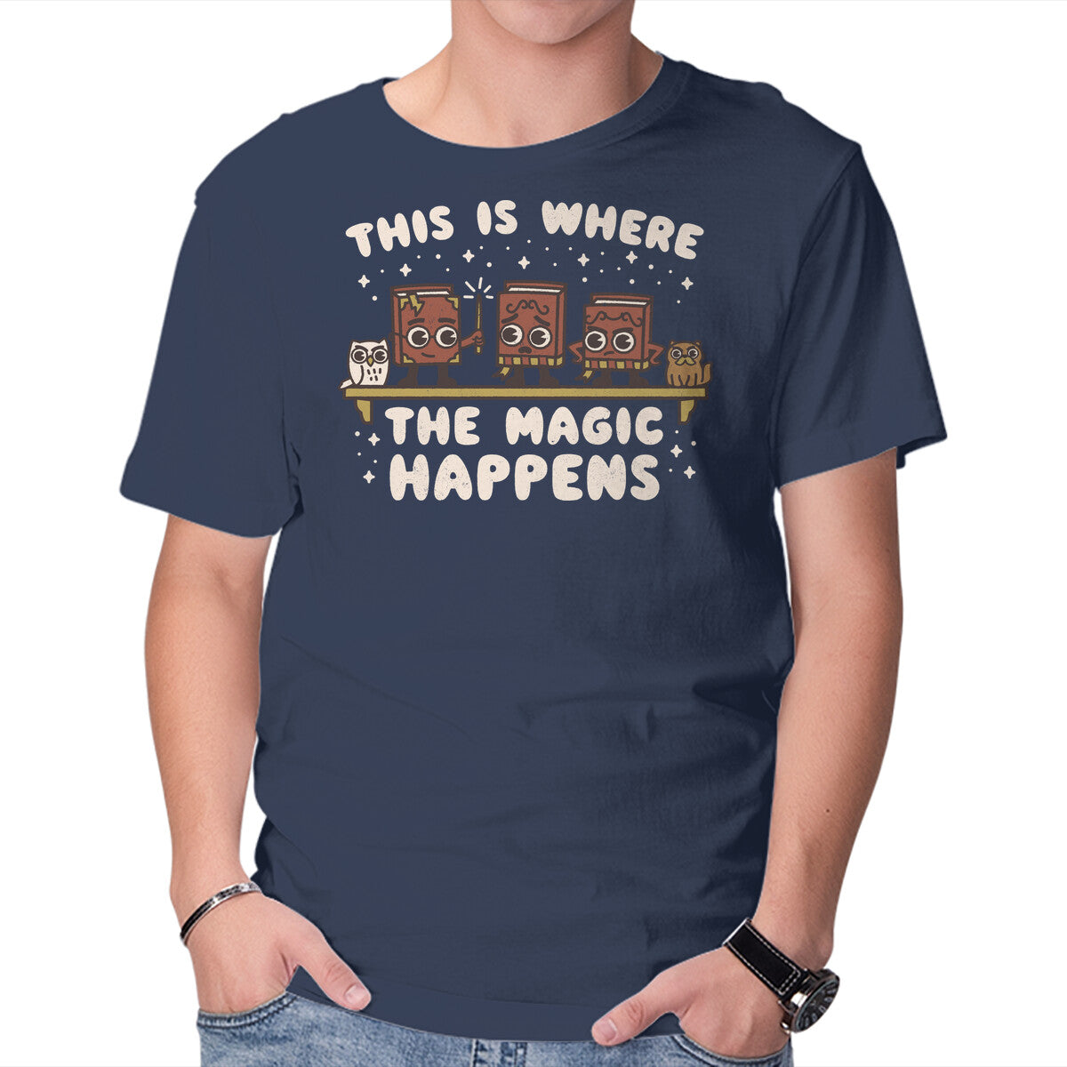 Where The Magic Happens – Cat Graphic T-Shirt in navy, product display