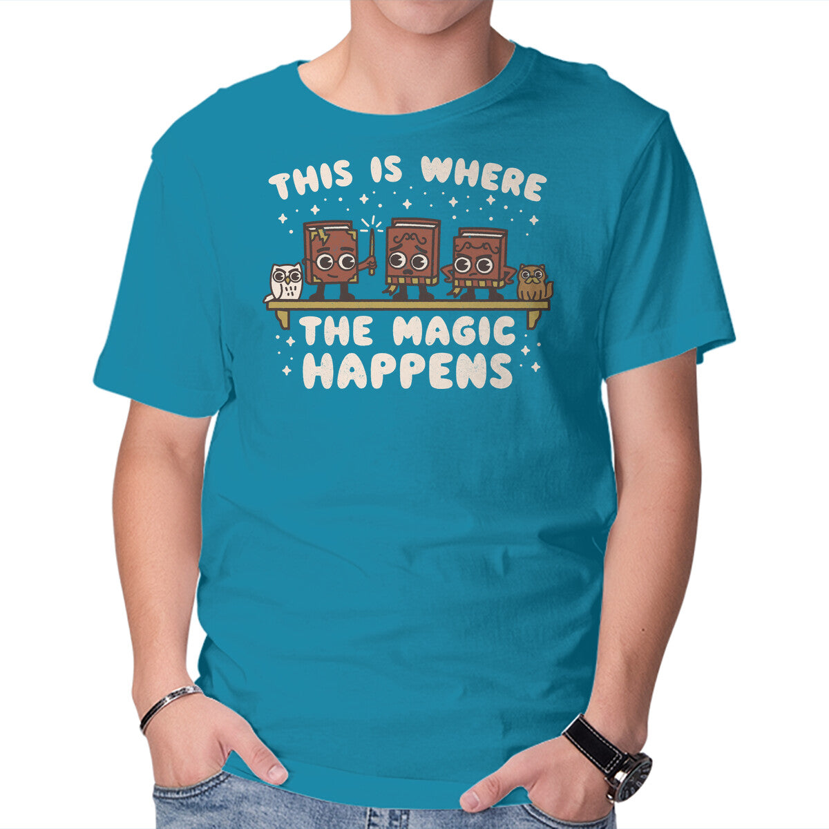 Where The Magic Happens – Cat Graphic T-Shirt in turquoise, product display