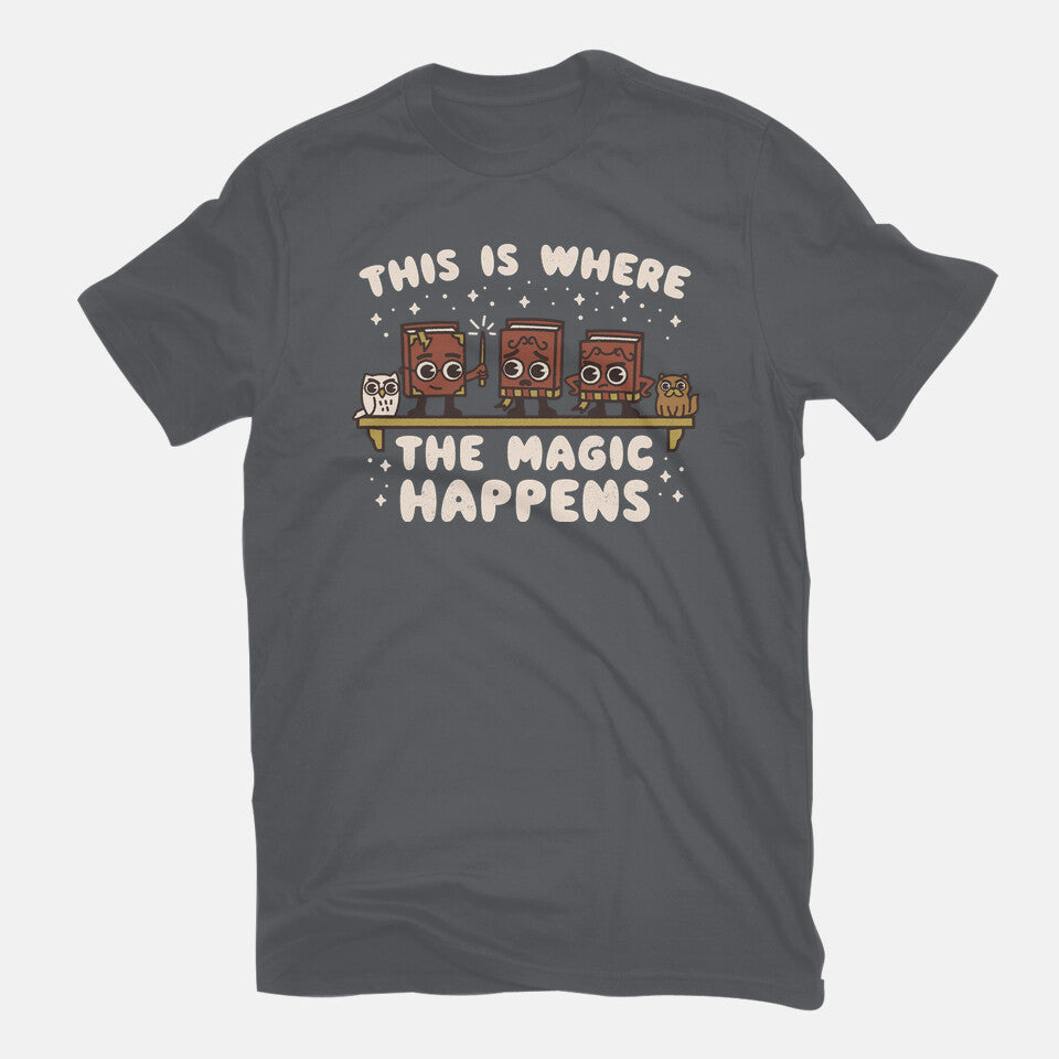 Where The Magic Happens – Cat Graphic T-Shirt in charcoal, flat-lay product view