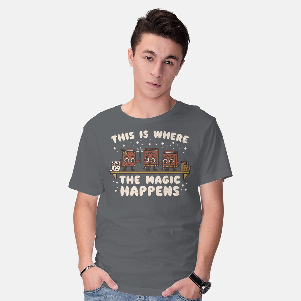Model wearing charcoal Where The Magic Happens – Cat Graphic T-Shirt