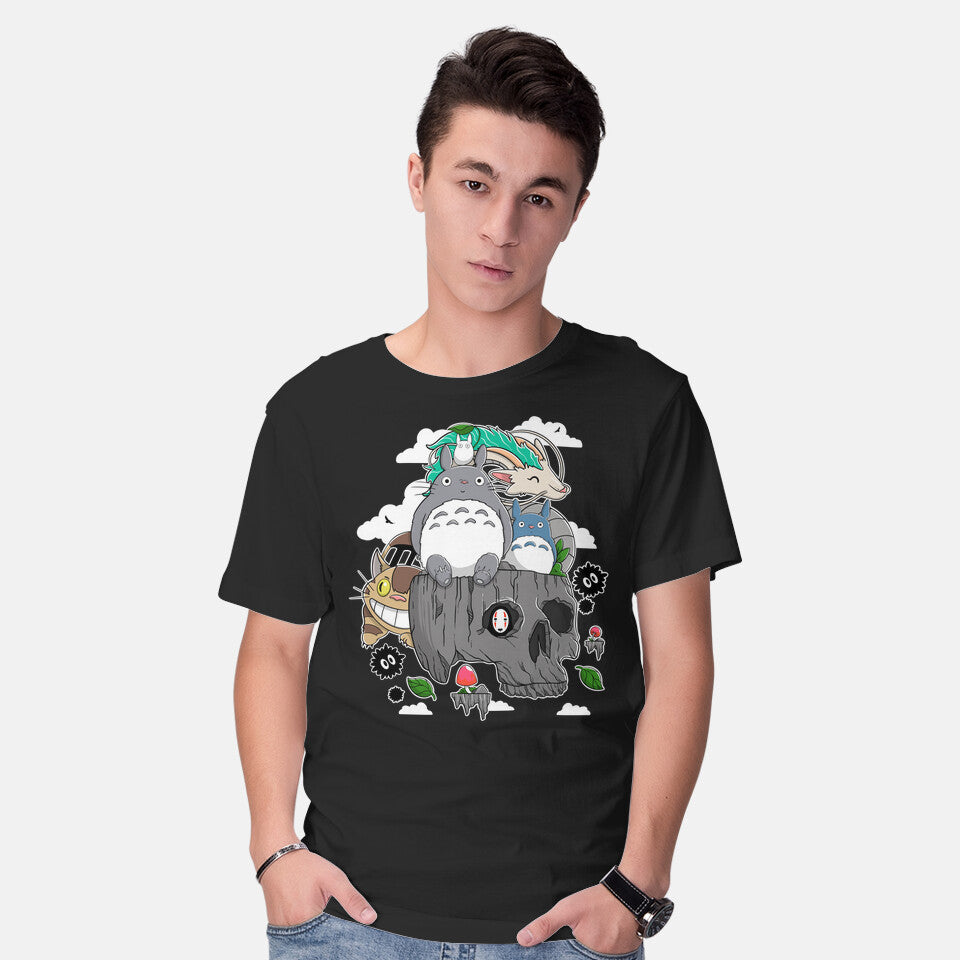 Model wearing black Spirit Island – Anime Graphic T-Shirt