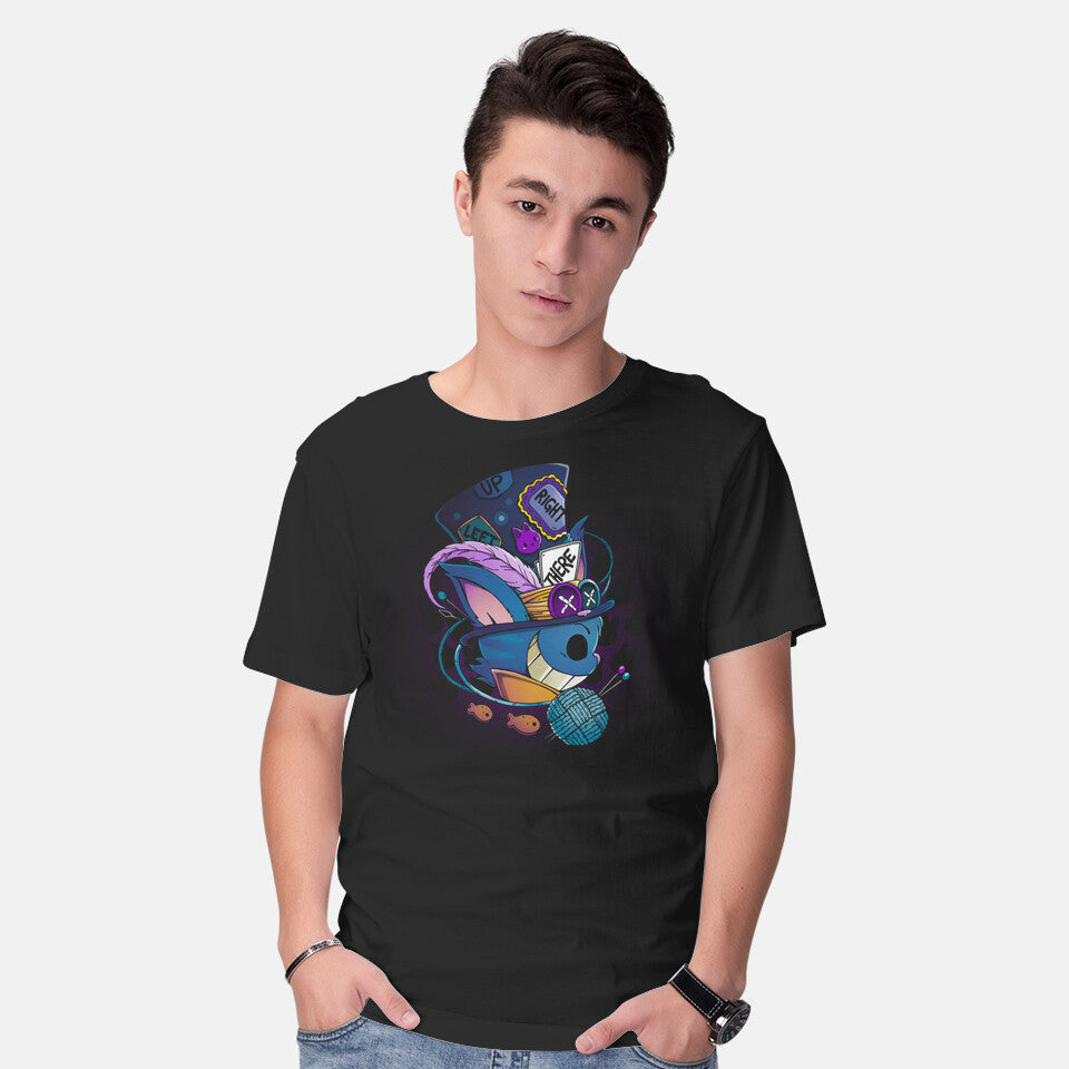 Model wearing black Weird Hatter – Fantasy Graphic T-Shirt
