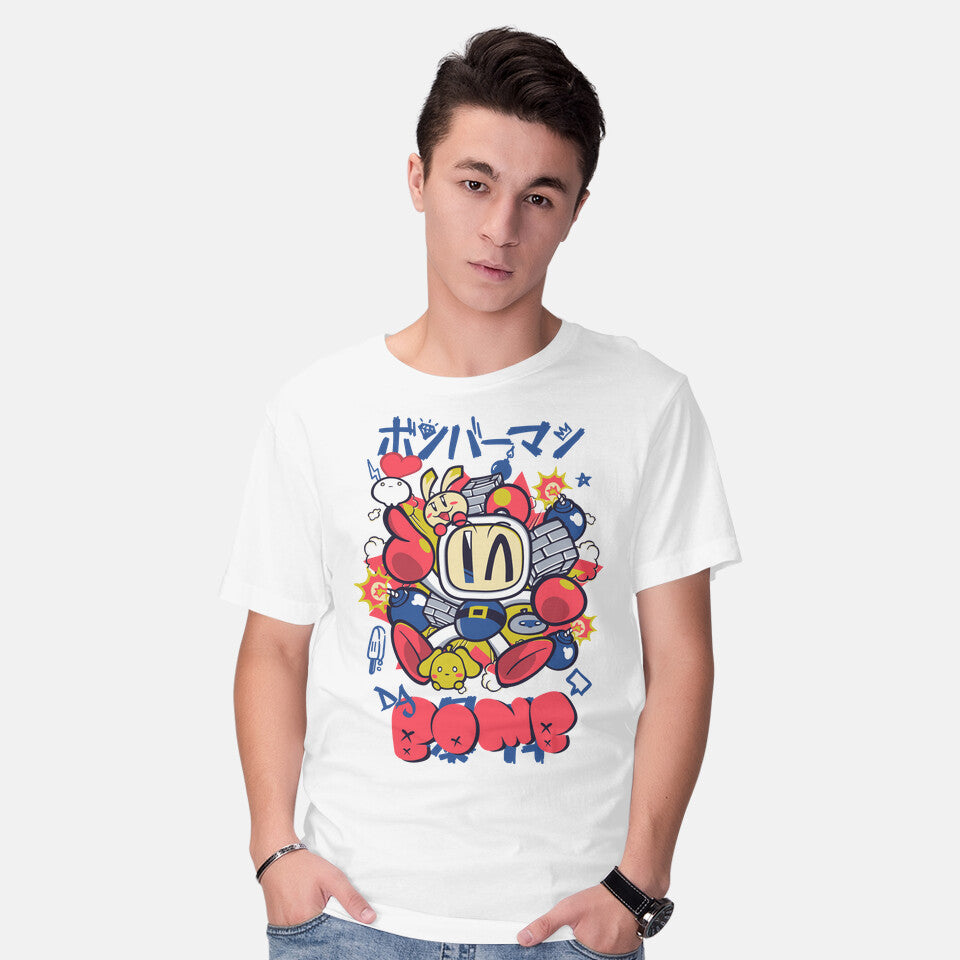 Model wearing white Da Bomb – Gaming Graphic T-Shirt