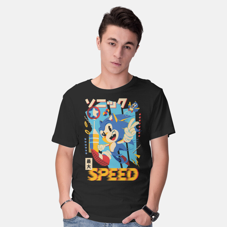 Model wearing black Top Speed – Gaming Graphic T-Shirt