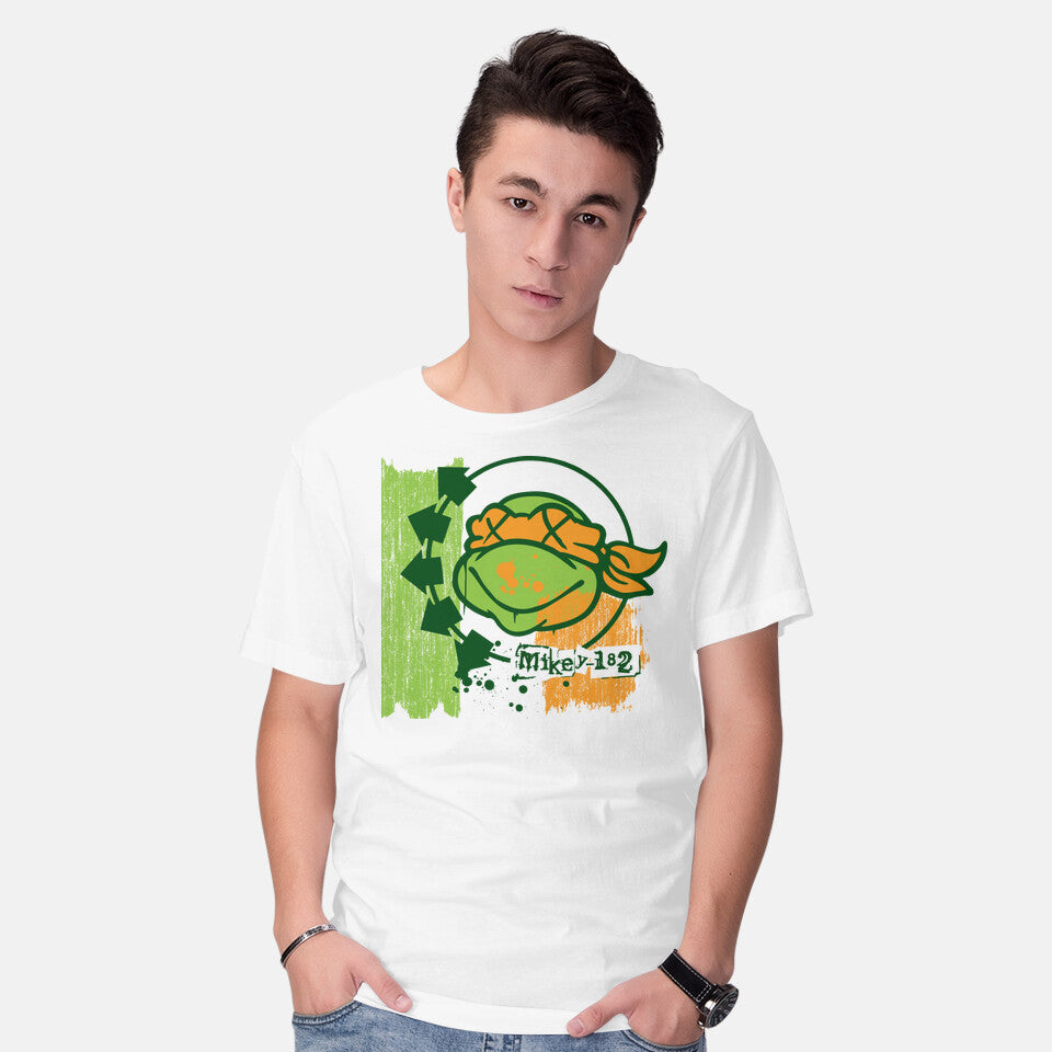 Model wearing white Mikey-182 – Funny Graphic T-Shirt