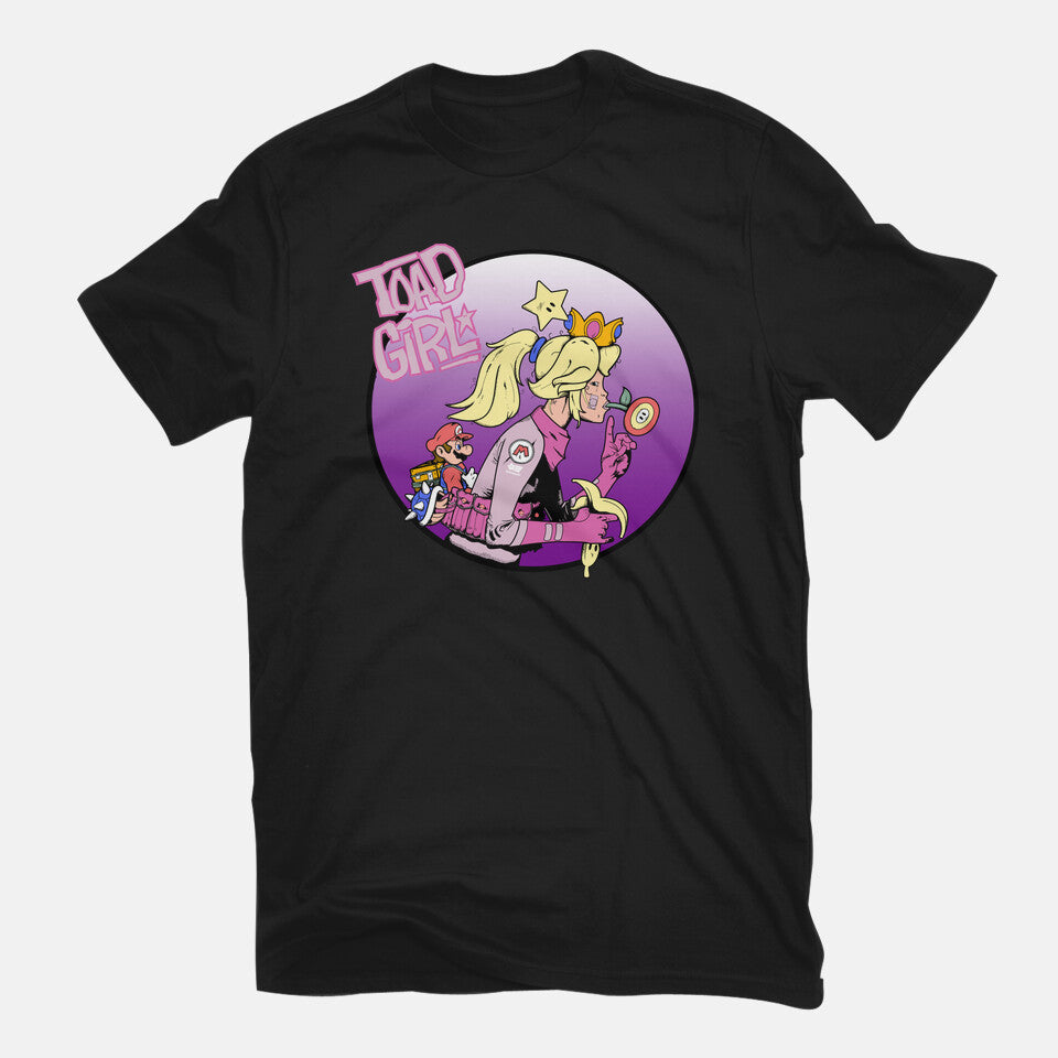 Toad Girl – Gaming Graphic T-Shirt in black, flat-lay product view