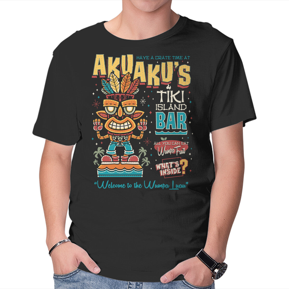 Aku Aku's Tiki Island – Gaming Graphic T-Shirt in black, product display