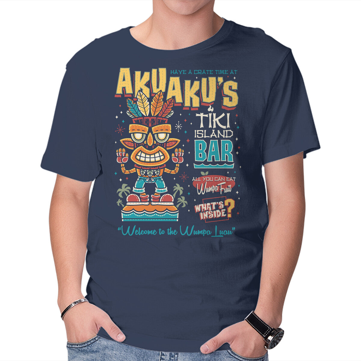 Aku Aku's Tiki Island – Gaming Graphic T-Shirt in navy, product display