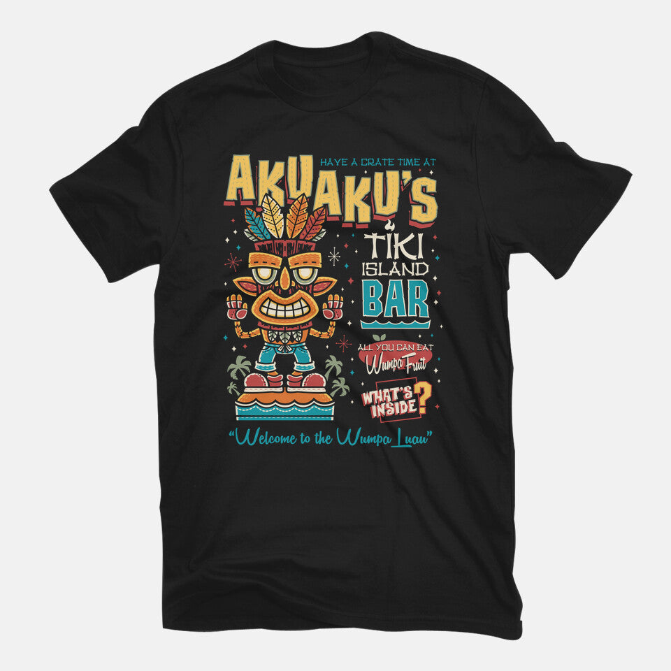 Aku Aku's Tiki Island – Gaming Graphic T-Shirt in black, flat-lay product view