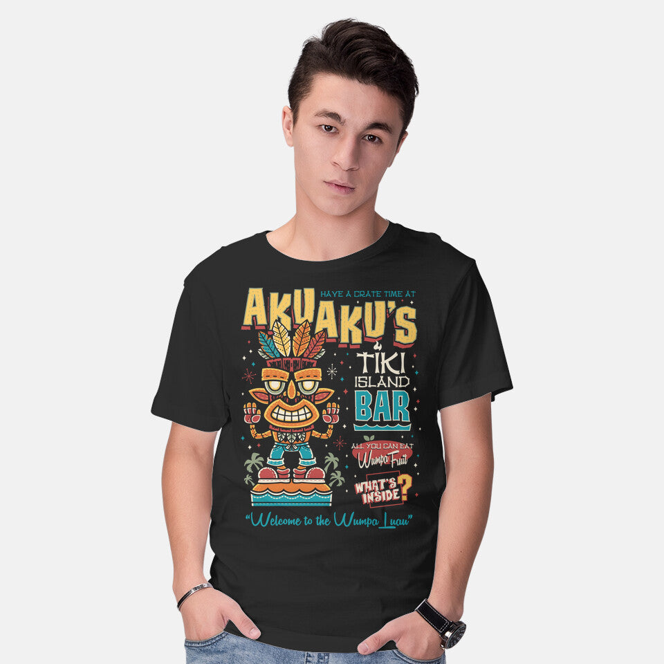 Model wearing black Aku Aku's Tiki Island – Gaming Graphic T-Shirt