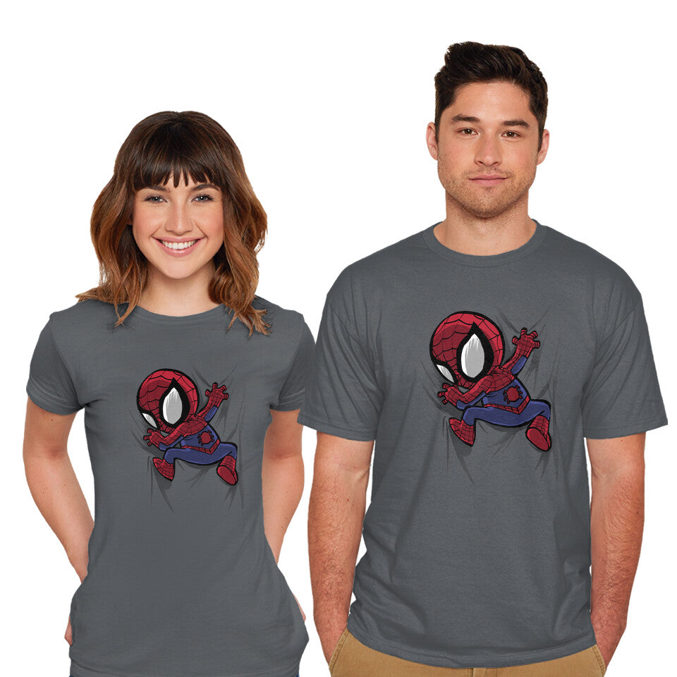 Model wearing charcoal My Portable Spidey Graphic T-Shirt