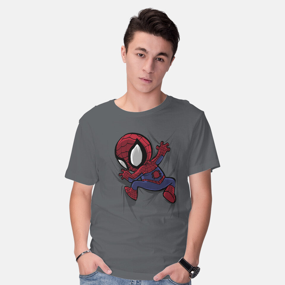 Model wearing charcoal My Portable Spidey Graphic T-Shirt