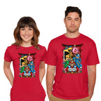 Model wearing red Game Heroes – Gaming Graphic T-Shirt