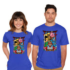 Model wearing royal blue Game Heroes – Gaming Graphic T-Shirt