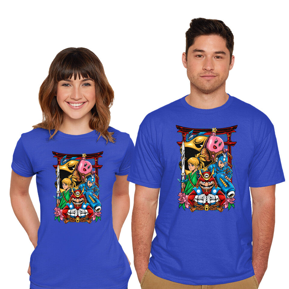 Model wearing royal blue Game Heroes – Gaming Graphic T-Shirt
