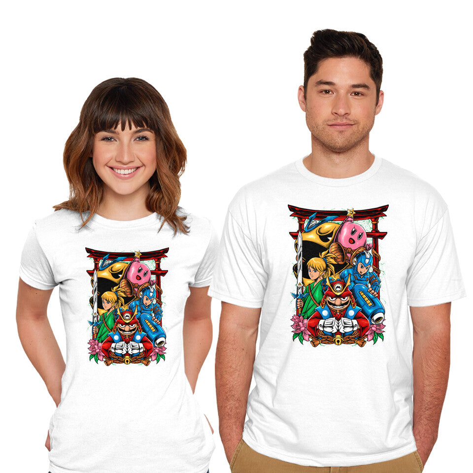 Model wearing white Game Heroes – Gaming Graphic T-Shirt