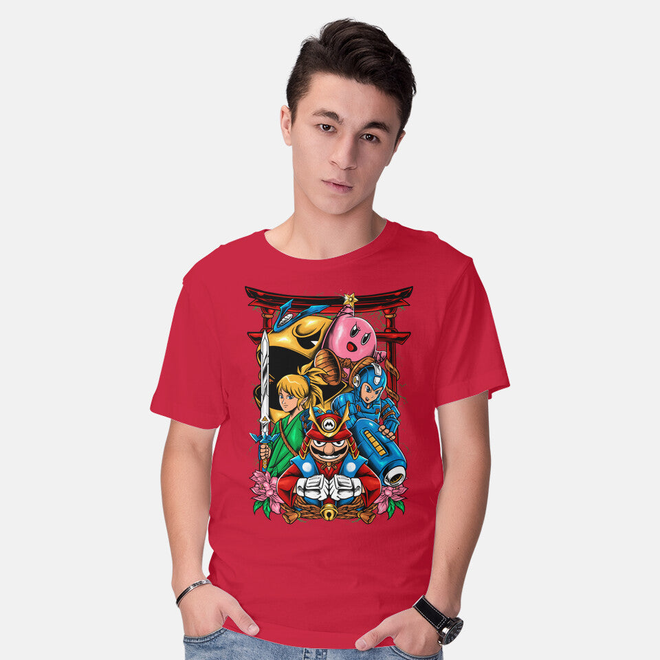 Model wearing red Game Heroes – Gaming Graphic T-Shirt