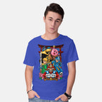 Model wearing royal blue Game Heroes – Gaming Graphic T-Shirt