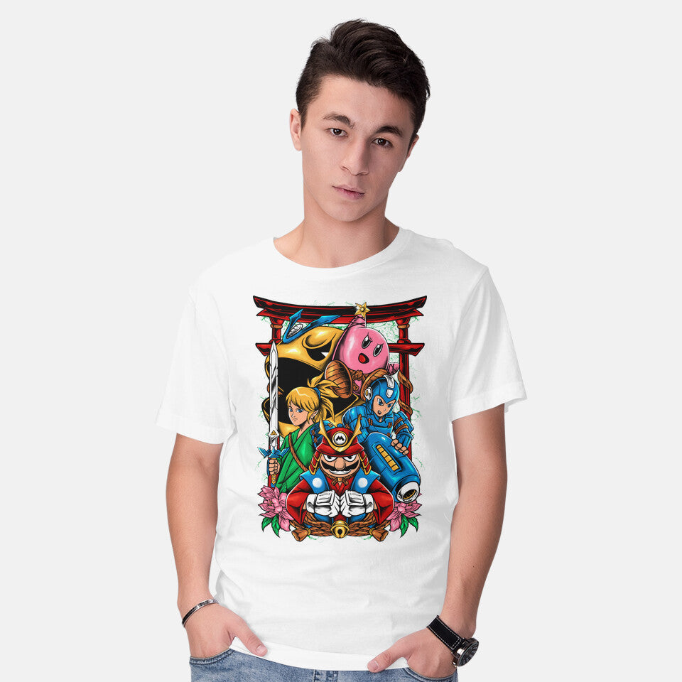 Model wearing white Game Heroes – Gaming Graphic T-Shirt