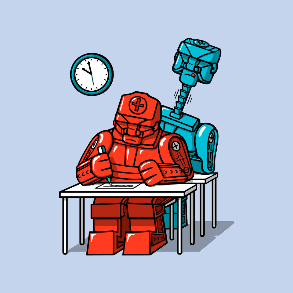 Robot Exam – Gaming Graphic T-Shirt design artwork for blue graphic T-shirt