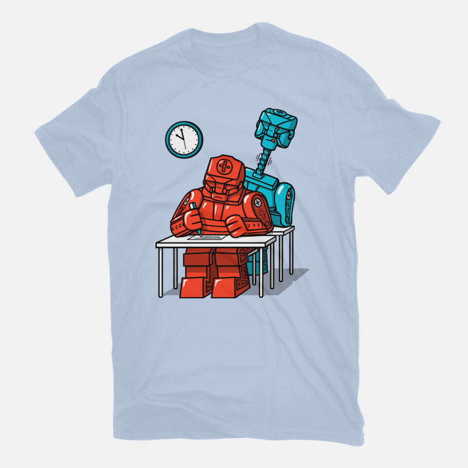 Robot Exam – Gaming Graphic T-Shirt in blue, flat-lay product view