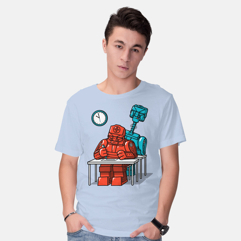 Model wearing blue Robot Exam – Gaming Graphic T-Shirt