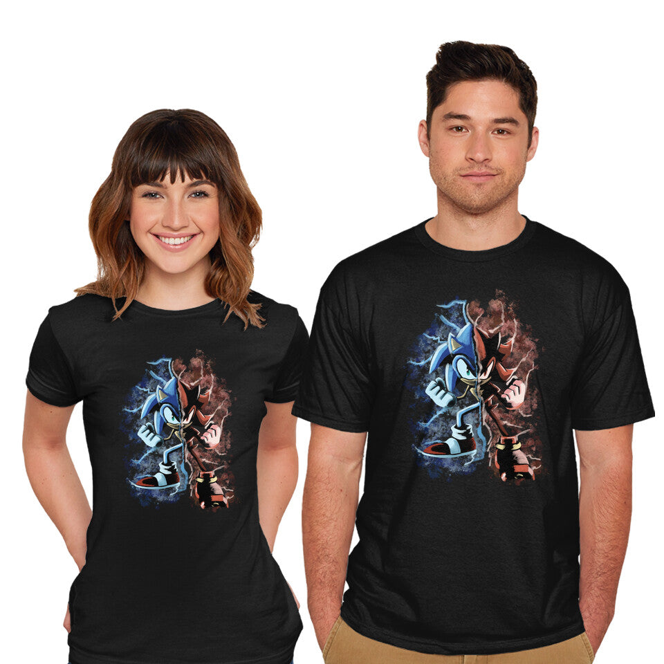 Model wearing black Two Faces Speed – Gaming Graphic T-Shirt