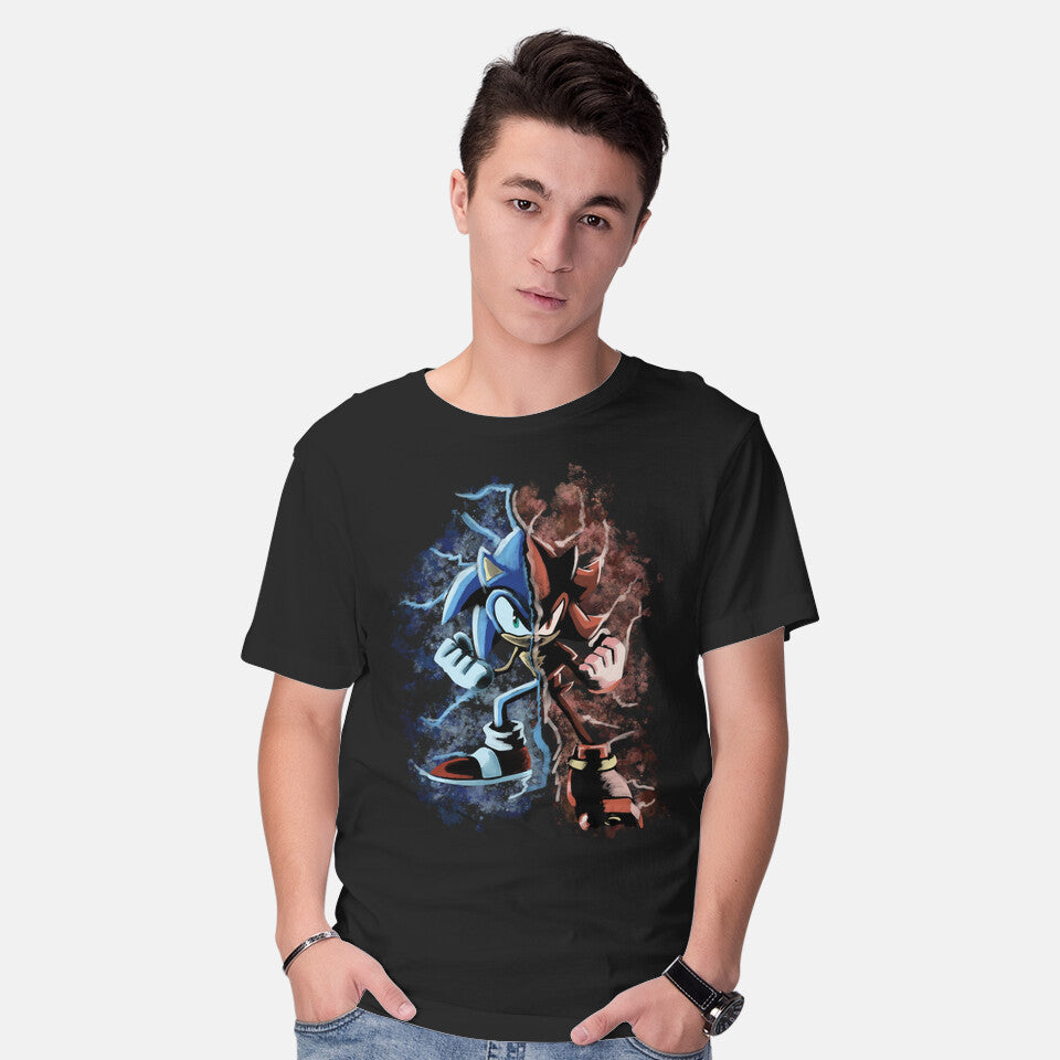 Model wearing black Two Faces Speed – Gaming Graphic T-Shirt
