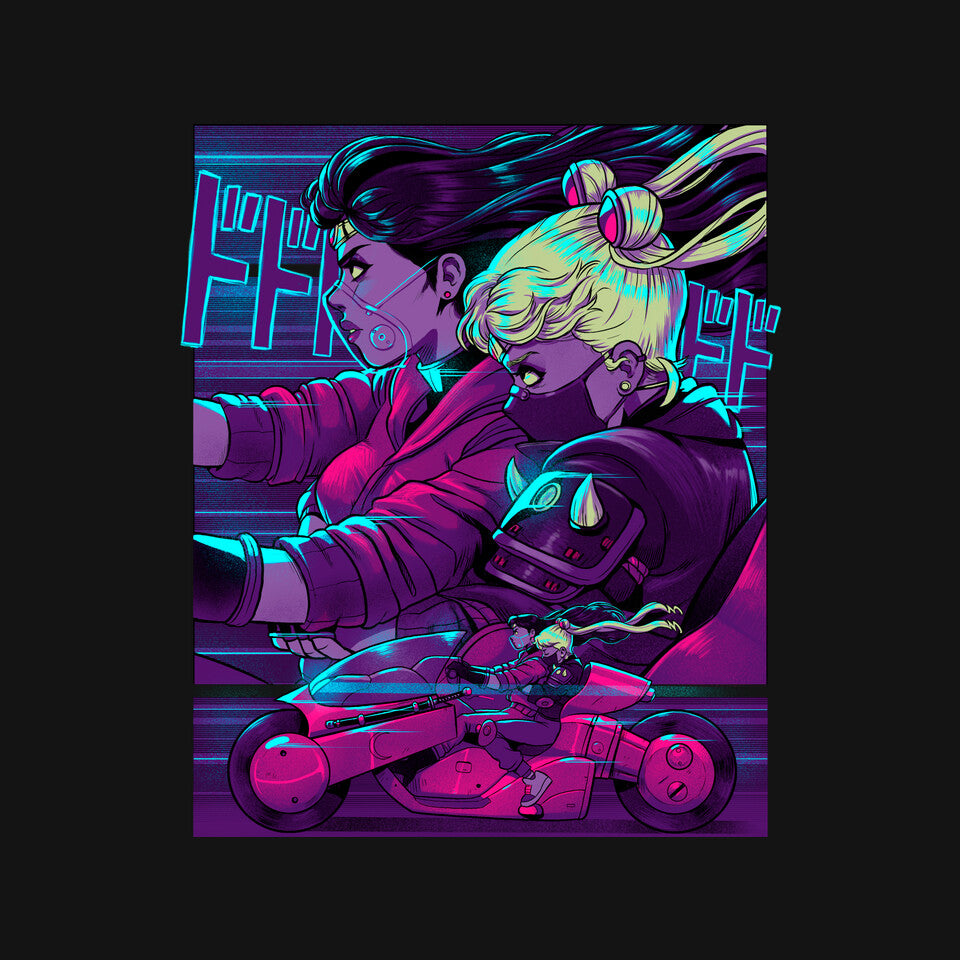 Neon Moon Eclipse – Anime Graphic T-Shirt design artwork for black graphic T-shirt