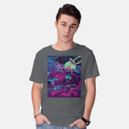 Model wearing charcoal Neon Moon Eclipse – Anime Graphic T-Shirt