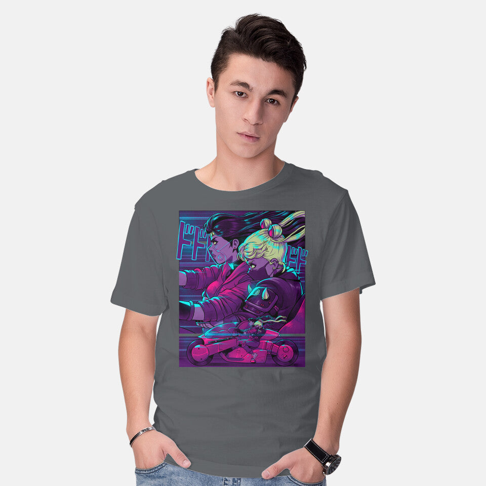 Model wearing charcoal Neon Moon Eclipse – Anime Graphic T-Shirt