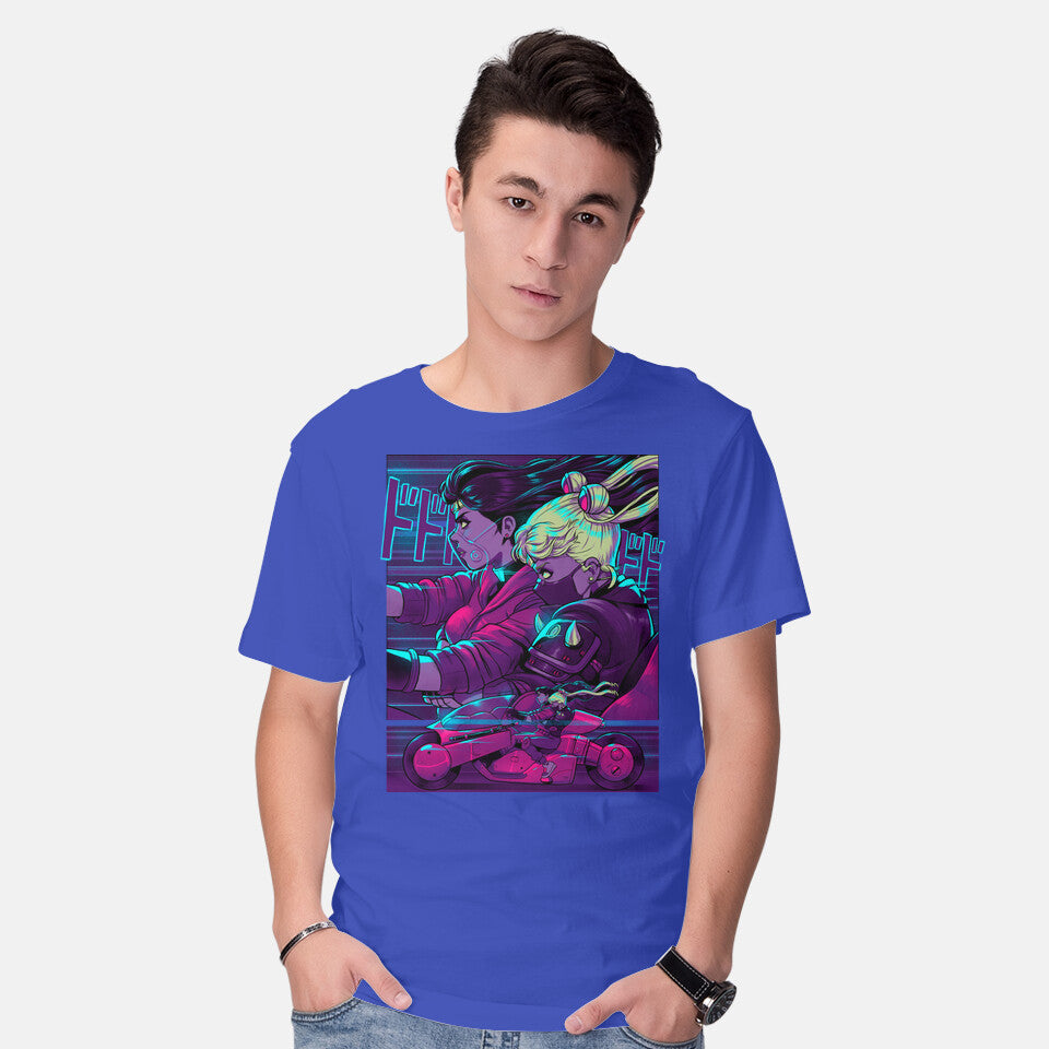Model wearing royal blue Neon Moon Eclipse – Anime Graphic T-Shirt