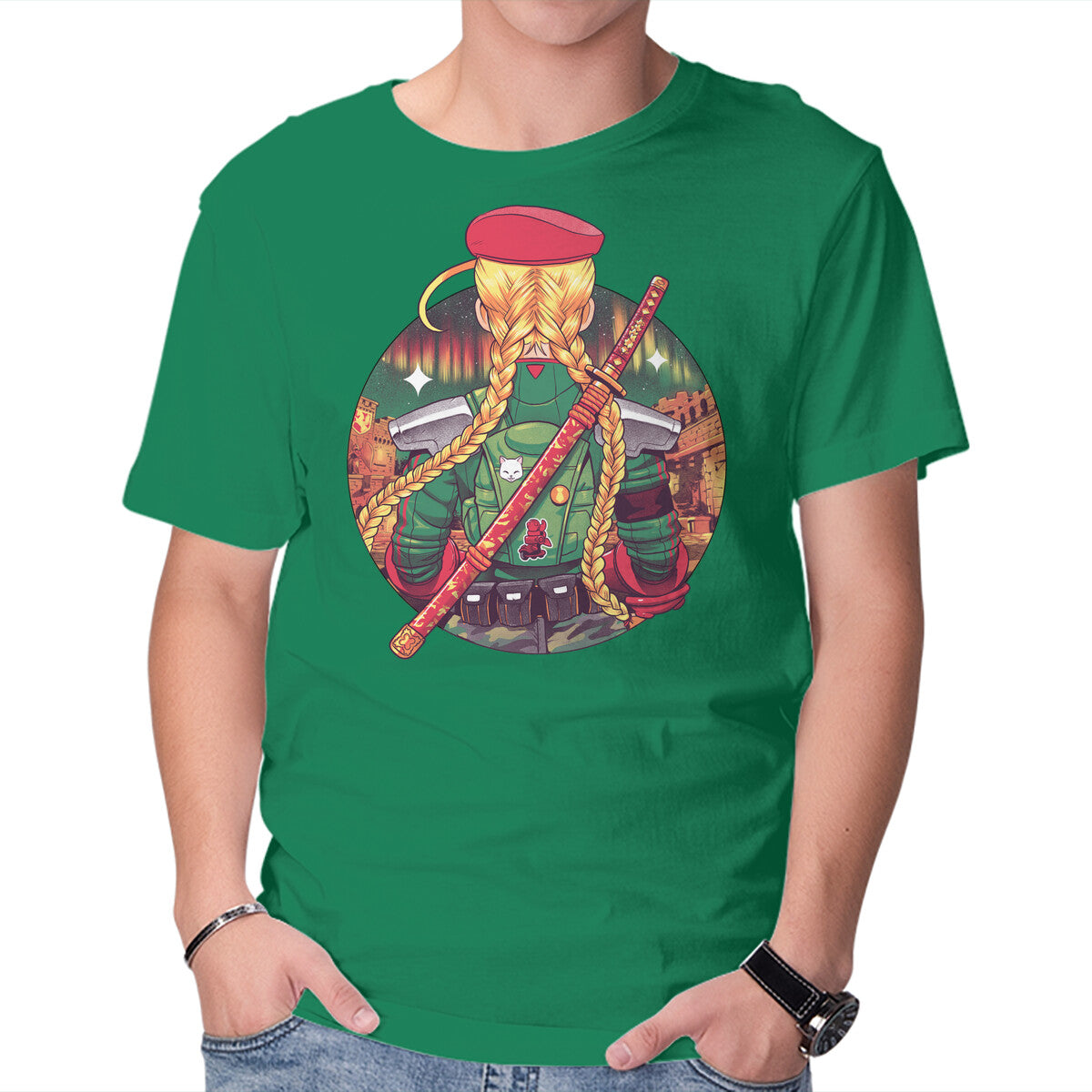 Autumn Fighter – Gaming Graphic T-Shirt in green, product display