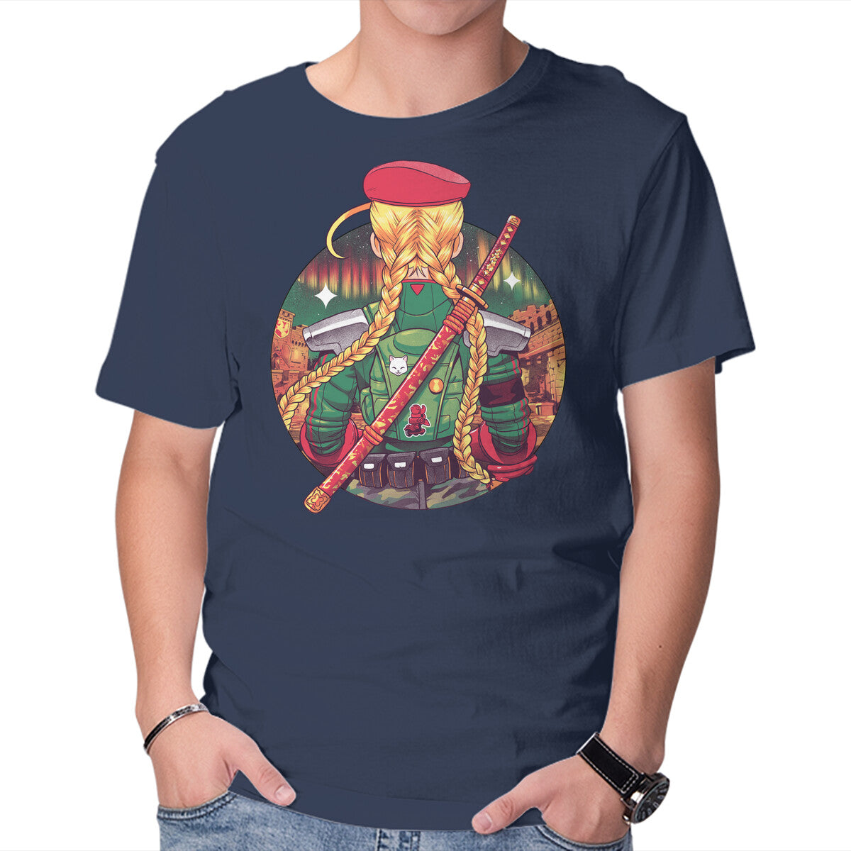 Autumn Fighter – Gaming Graphic T-Shirt in navy, product display