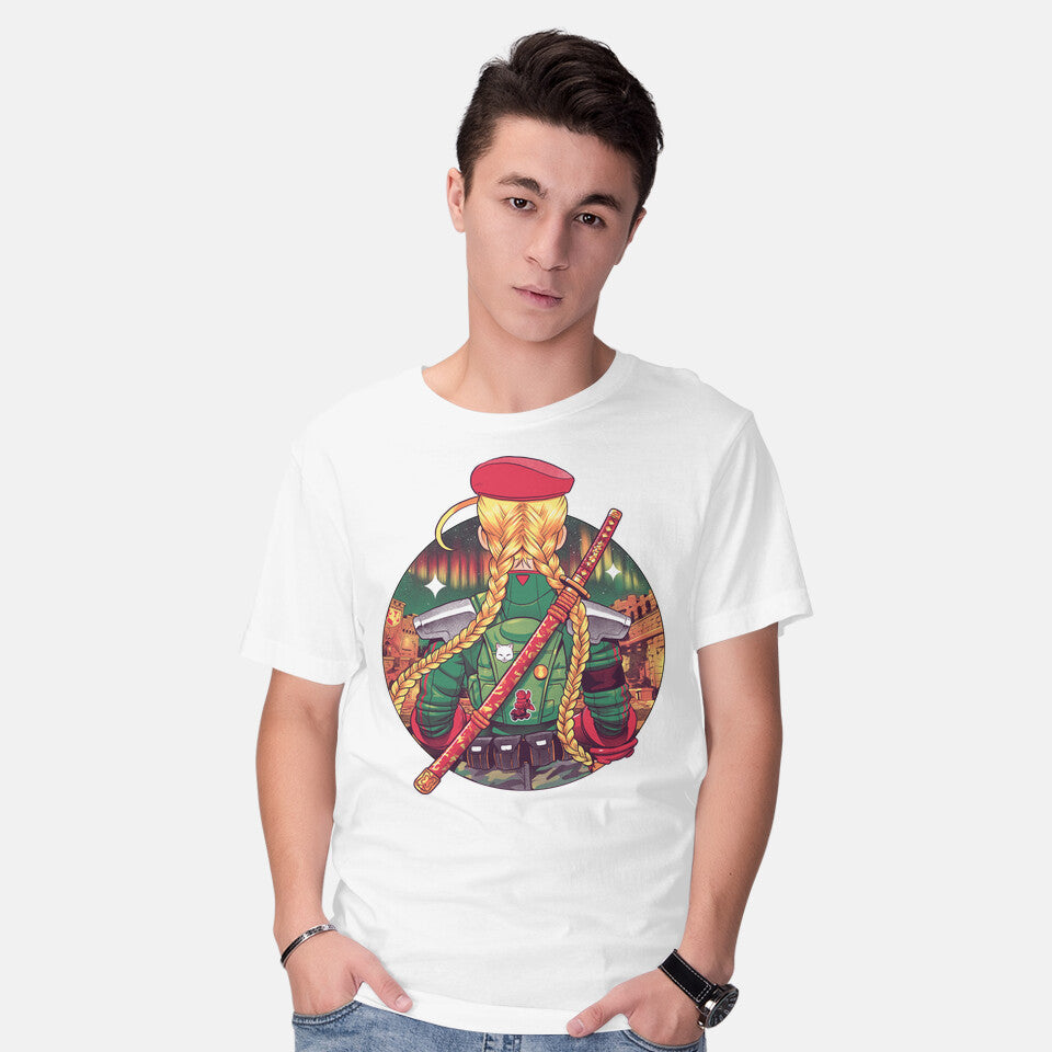 Model wearing white Autumn Fighter – Gaming Graphic T-Shirt