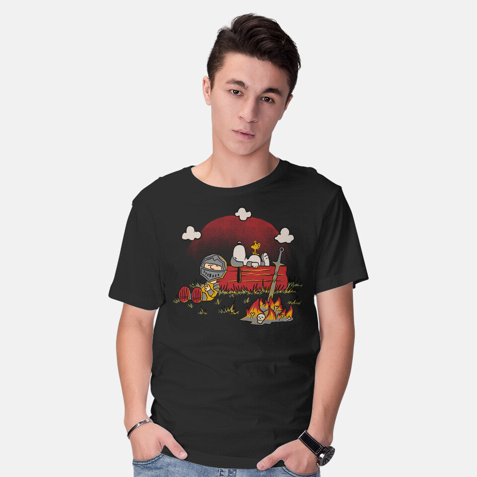 Model wearing black Snoopy Dark Souls – Gaming Graphic T-Shirt