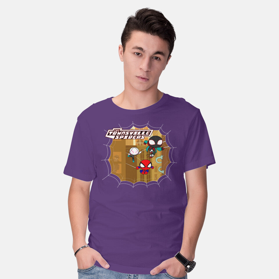 Model wearing purple The Townsville Spiders – Movie Graphic T-Shirt
