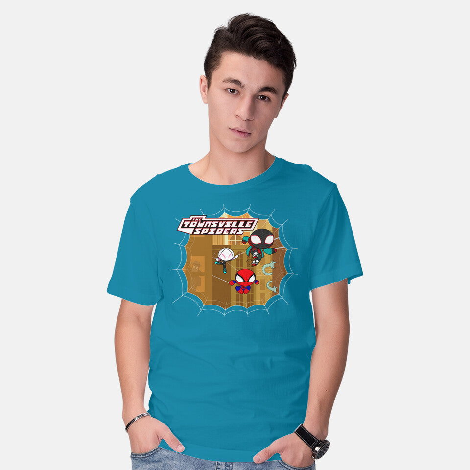 Model wearing turquoise The Townsville Spiders – Movie Graphic T-Shirt
