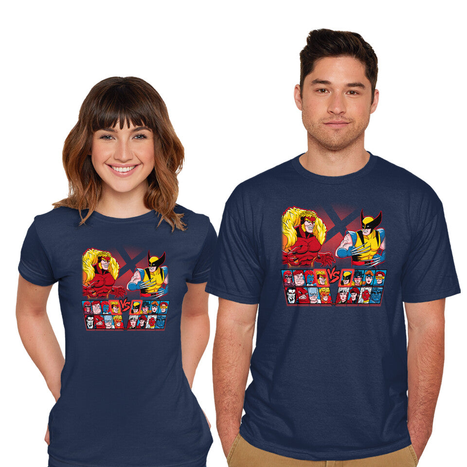 Model wearing navy Mutant Fighter – Gaming Graphic T-Shirt