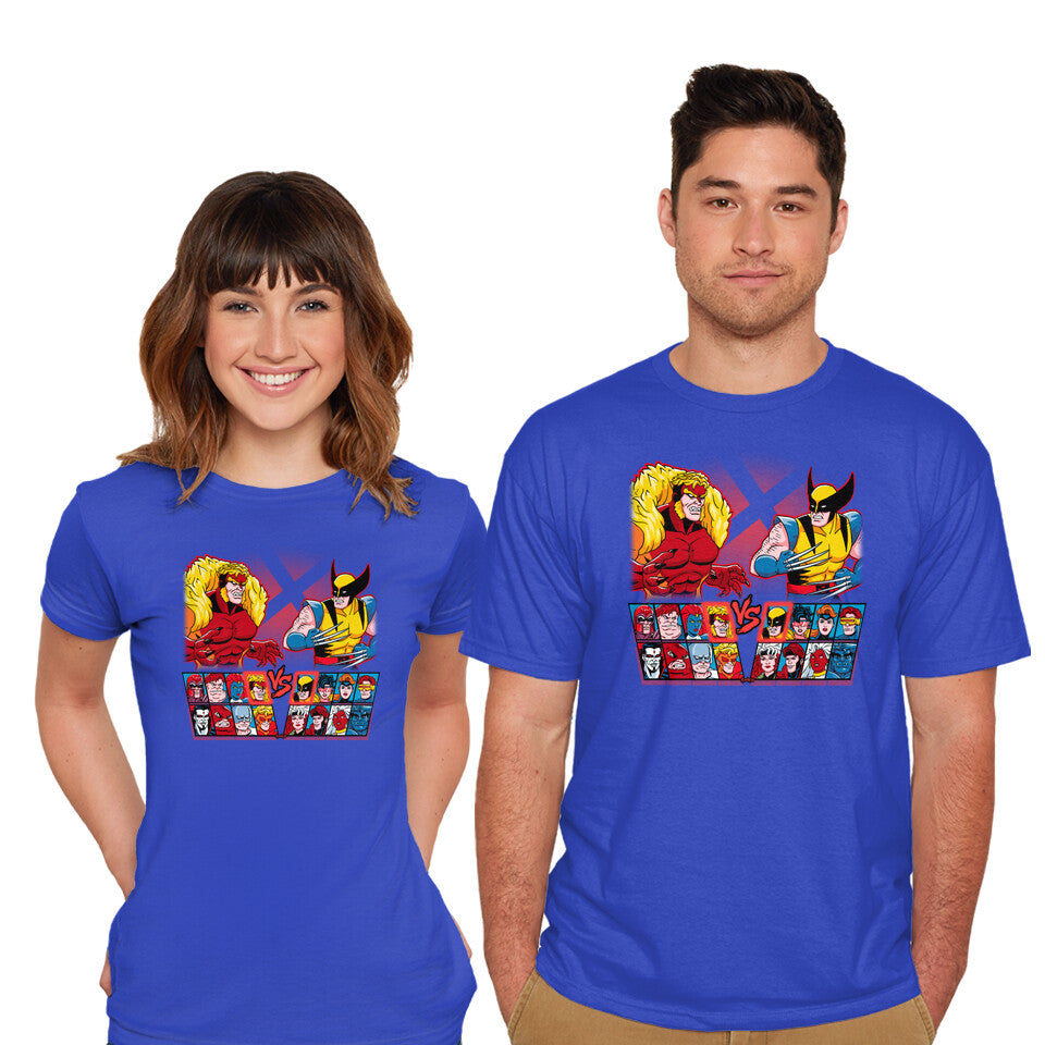 Model wearing royal blue Mutant Fighter – Gaming Graphic T-Shirt