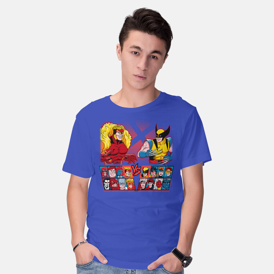Model wearing royal blue Mutant Fighter – Gaming Graphic T-Shirt