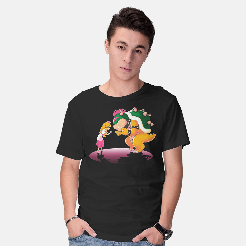 Model wearing black Peach Fiction – Gaming Graphic T-Shirt