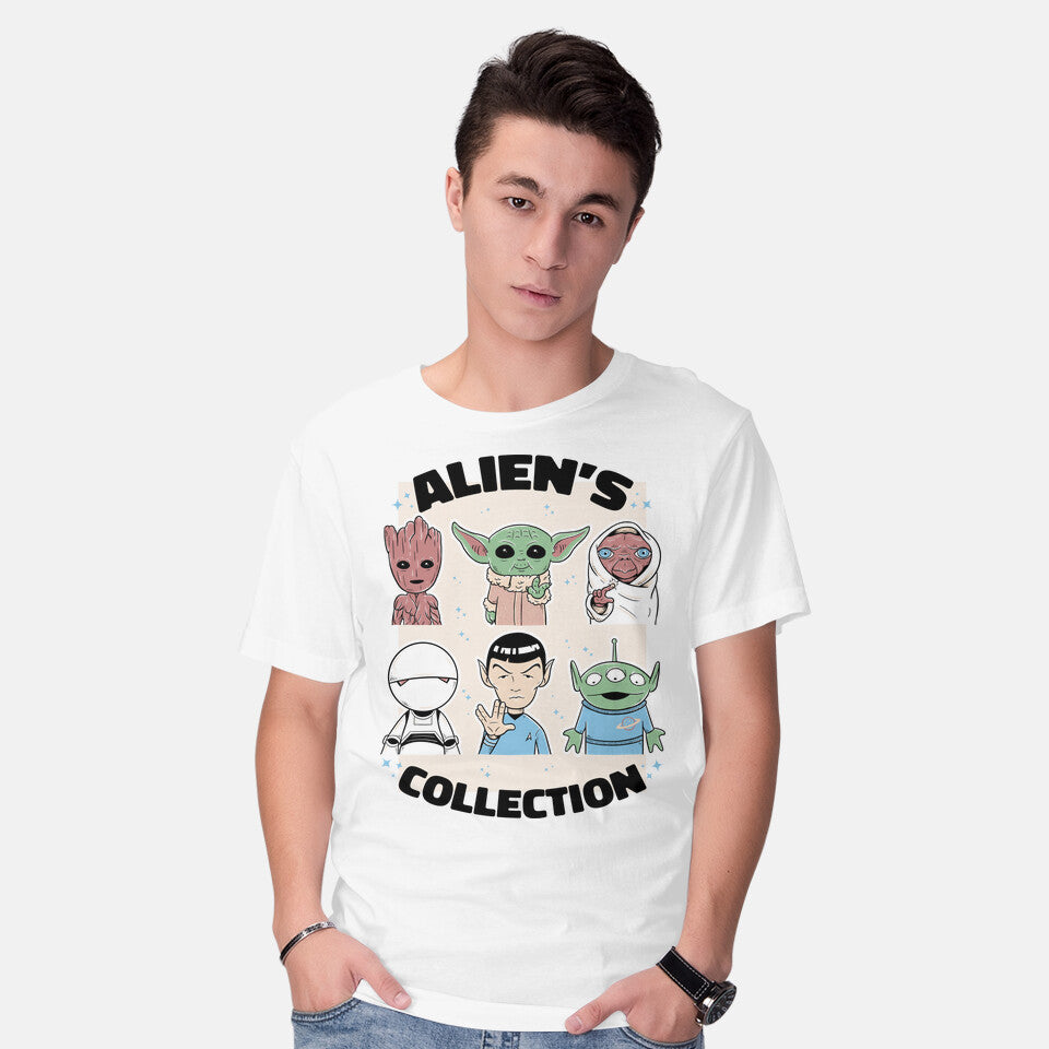 Model wearing white Alien's Collection – Sci-Fi Graphic T-Shirt