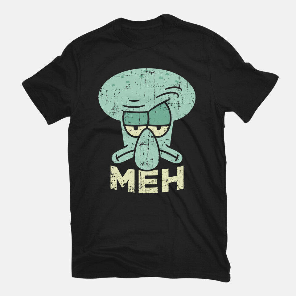 Squid Meh – Funny Graphic T-Shirt in black, flat-lay product view