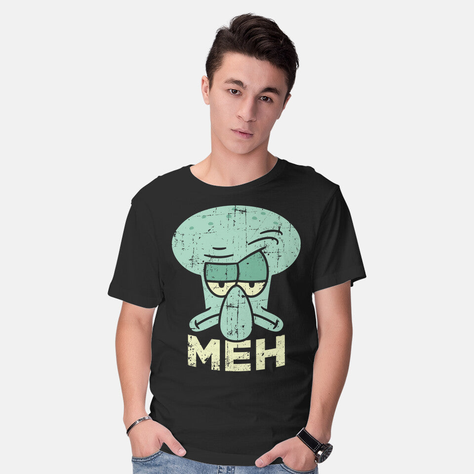 Model wearing black Squid Meh – Funny Graphic T-Shirt