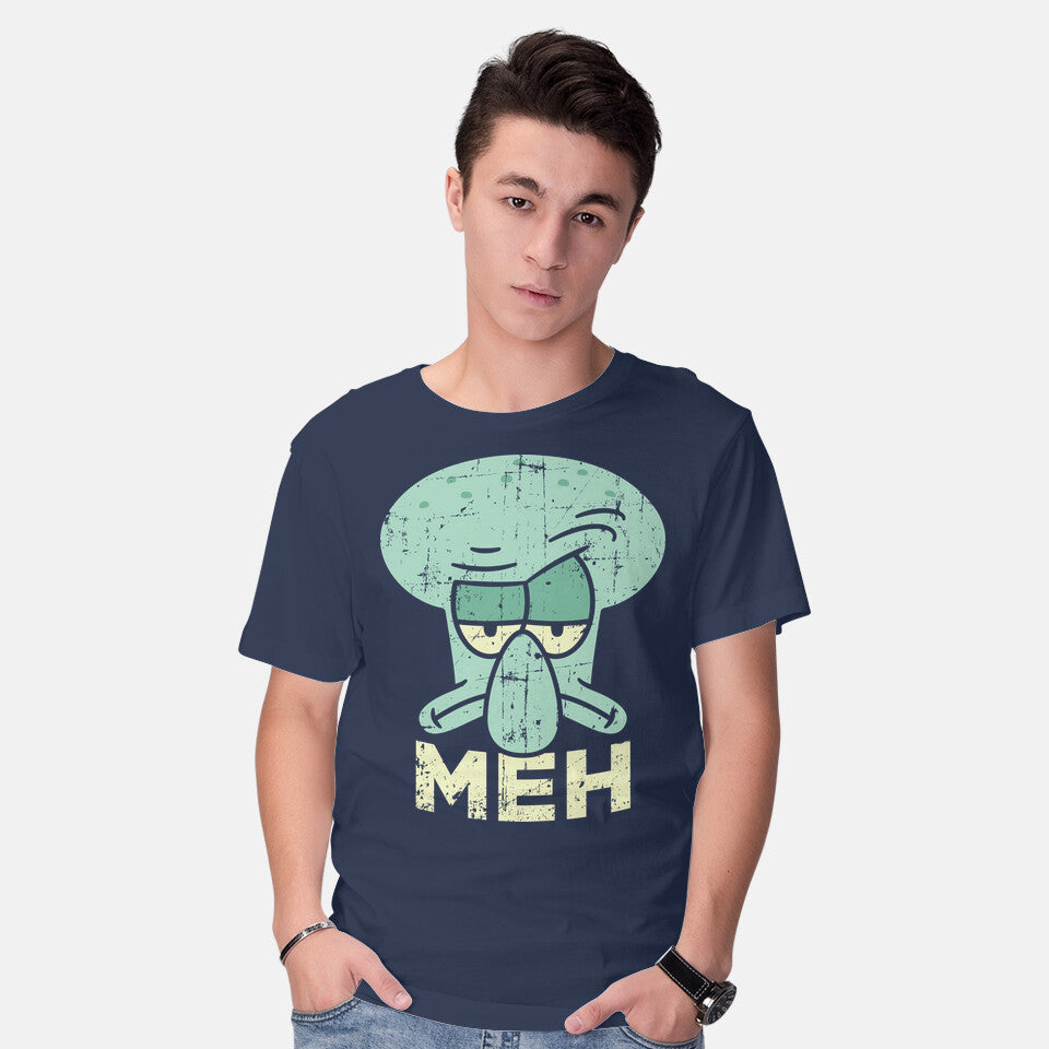 Model wearing navy Squid Meh – Funny Graphic T-Shirt