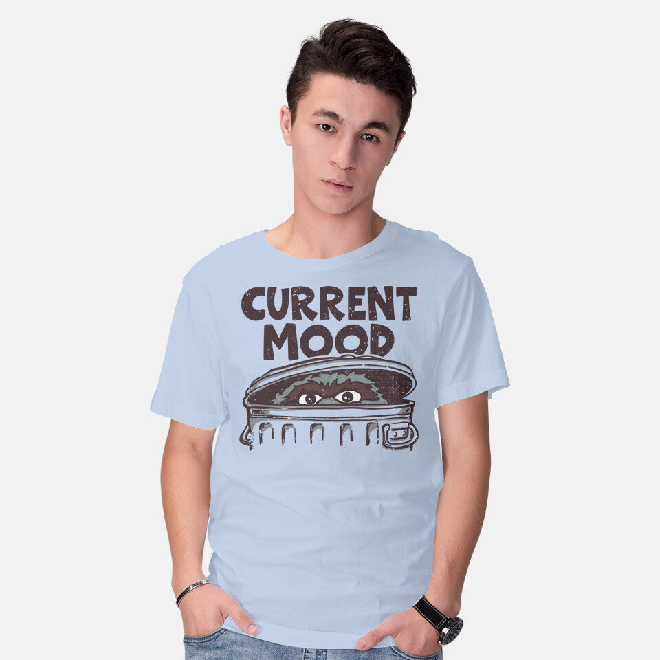 Model wearing blue Current Mood – Funny Graphic T-Shirt