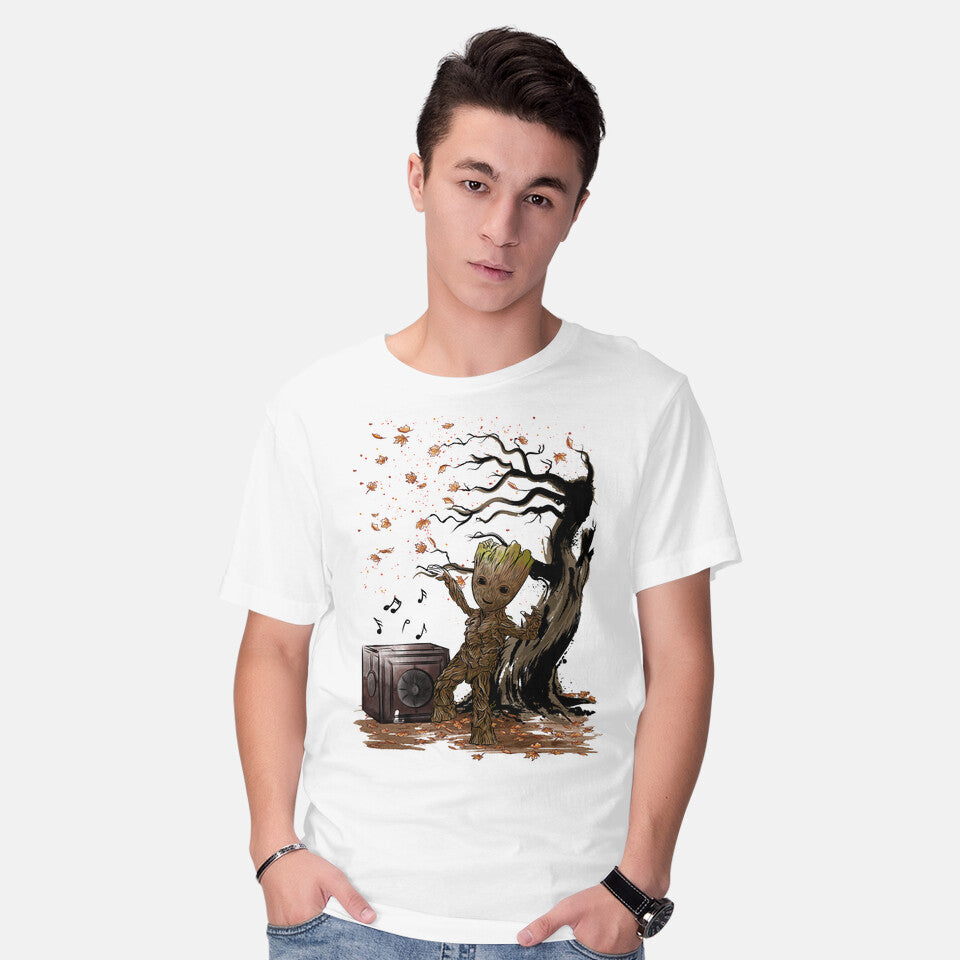 Model wearing white Autumn Dance – Sci-Fi Graphic T-Shirt