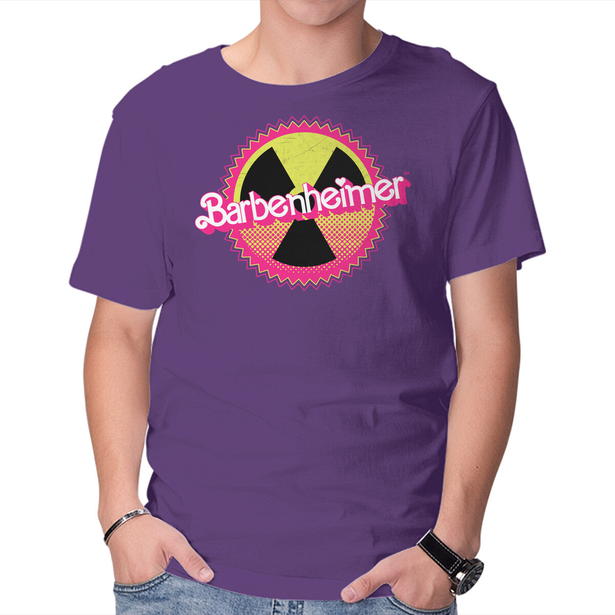 Barbenheimer Reactor – Movie Graphic T-Shirt in purple, product display